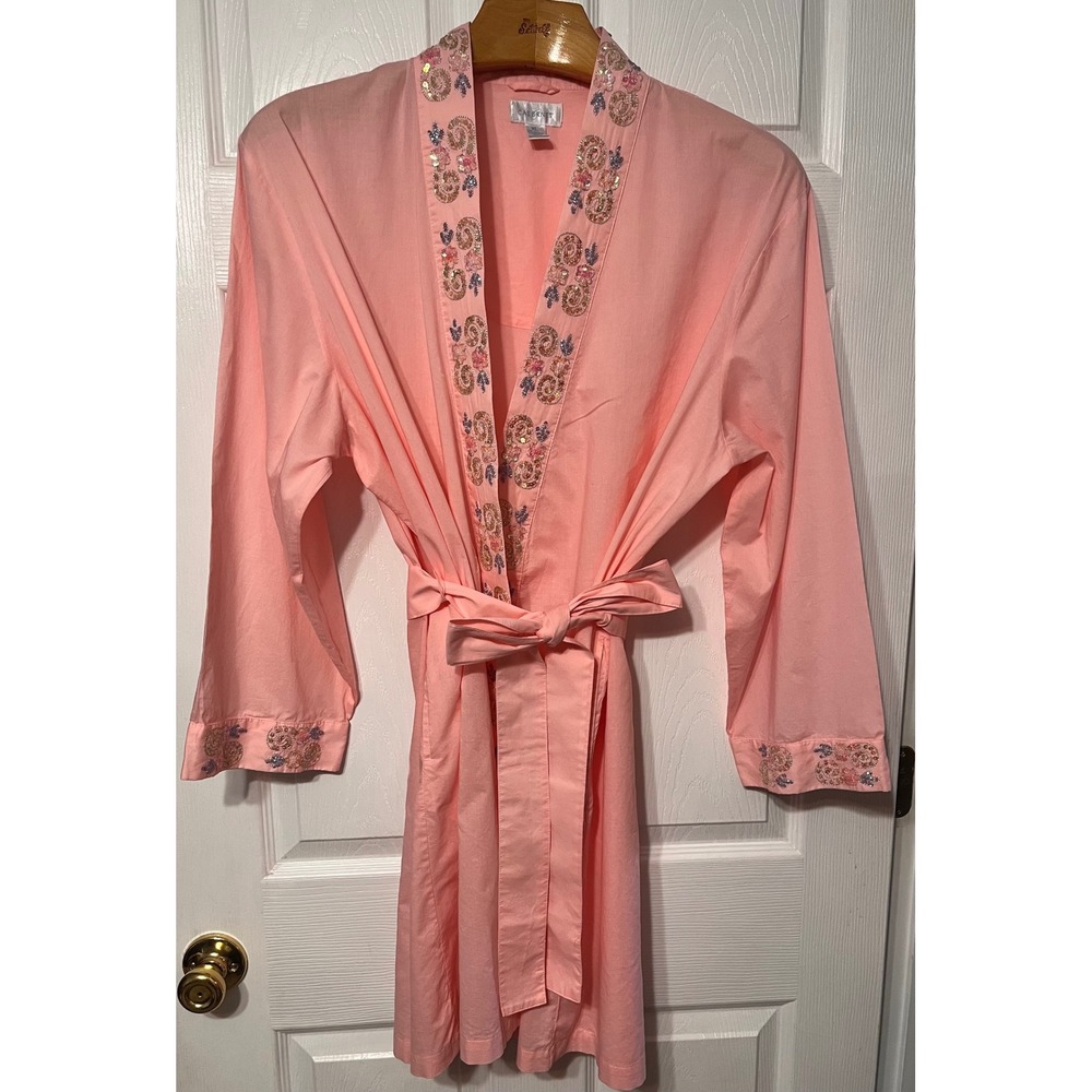 Cabernet Womens XL Peach Pink‎ Cotton Sequin Embellished Wrap Robe Loungewear